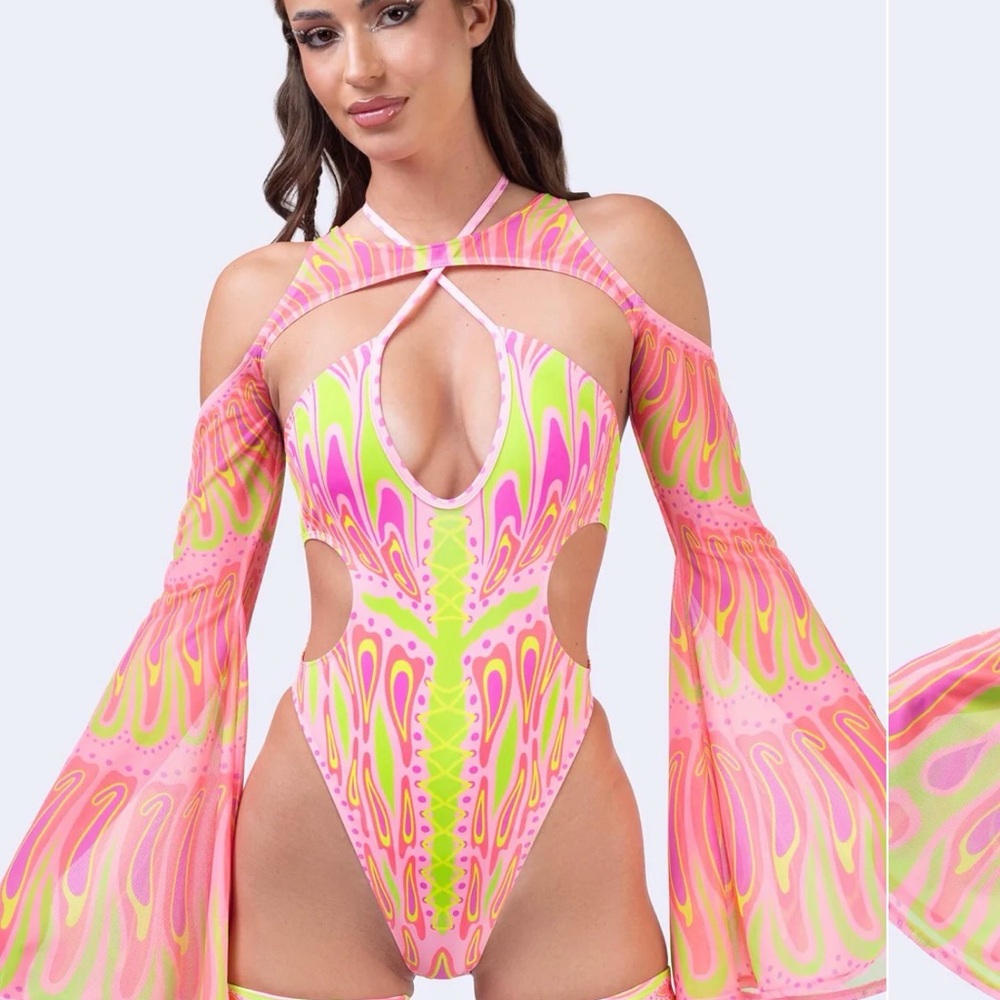 Vibrant Pink and Yellow Women's One Piece Swimsuit with leg straps (no sleeves)